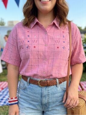Vintage Quizz NY Embroidered USA Americana Windowpane Plaid Button Down Shirt 18